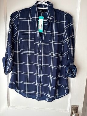 Fortune & Ivy Christelle Button Down Blouse, Navy Plaid, Sz XS, NWT